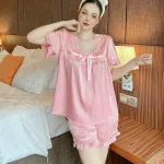 Đồ bộ quần đùi áo tay ngắn bèo cổ ren màu trơn