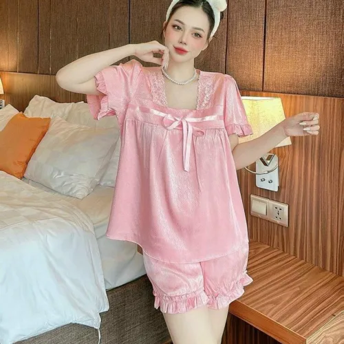 Đồ bộ quần đùi áo tay ngắn bèo cổ ren màu trơn