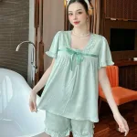 Đồ bộ quần đùi áo tay ngắn bèo cổ ren màu trơn