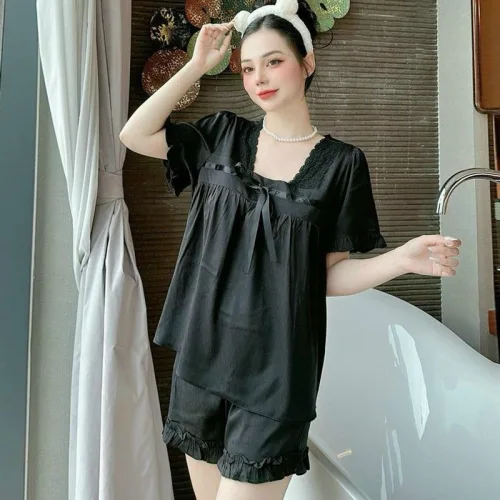 Đồ bộ quần đùi áo tay ngắn bèo cổ ren màu trơn