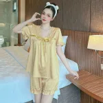 Đồ bộ quần đùi áo tay ngắn bèo cổ ren màu trơn