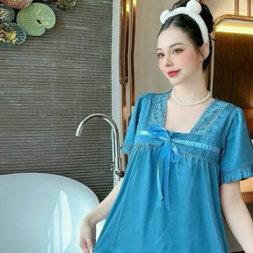 Đồ bộ quần đùi áo tay ngắn bèo cổ ren màu trơn