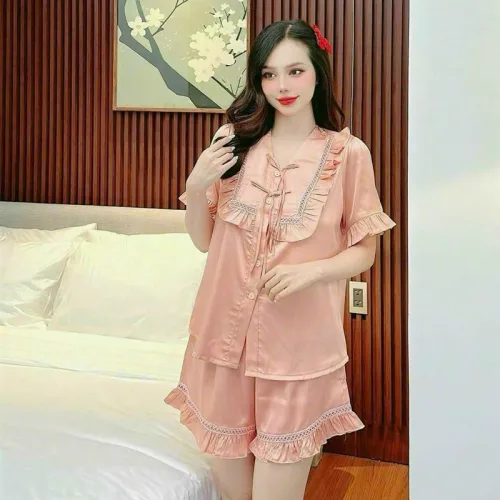 Đồ bộ quần đùi áo tay ngắn bèo cổ vuông bèo màu trơn