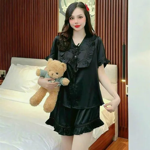 Đồ bộ quần đùi áo tay ngắn bèo cổ vuông bèo màu trơn