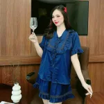 Đồ bộ quần đùi áo tay ngắn bèo cổ vuông bèo màu trơn