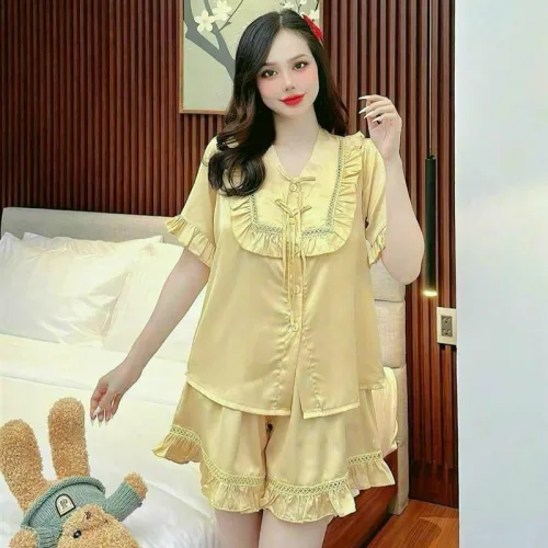 Đồ bộ quần đùi áo tay ngắn bèo cổ vuông bèo màu trơn