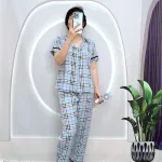 Đồ bộ quần đùi áo tay ngắn cổ bẻ hoạ tiết