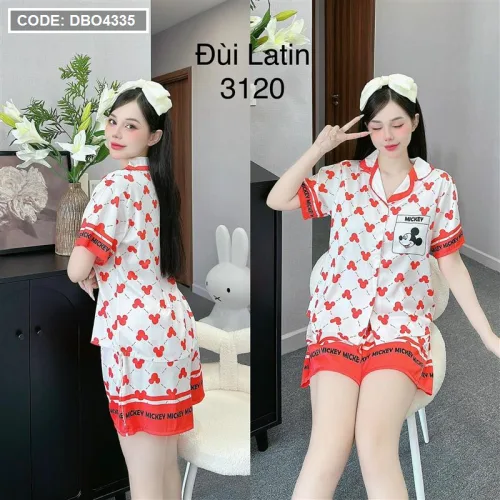 Đồ bộ quần đùi áo tay ngắn cổ bẻ hoạ tiết dể thương