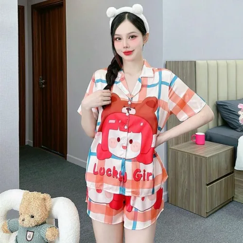 Đồ bộ quần đùi áo tay ngắn cổ bẻ hoạ tiết dể thương