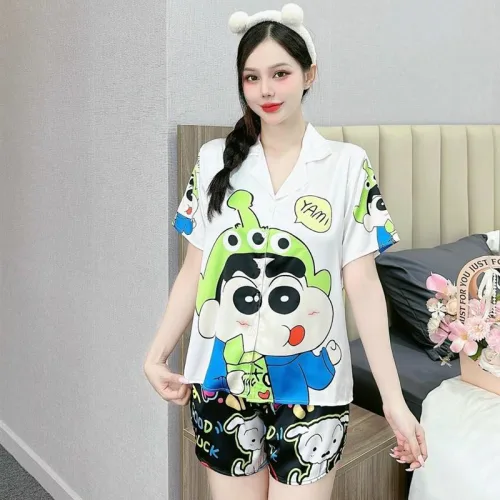Đồ bộ quần đùi áo tay ngắn cổ bẻ hoạ tiết dể thương