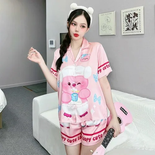 Đồ bộ quần đùi áo tay ngắn cổ bẻ hoạ tiết dể thương