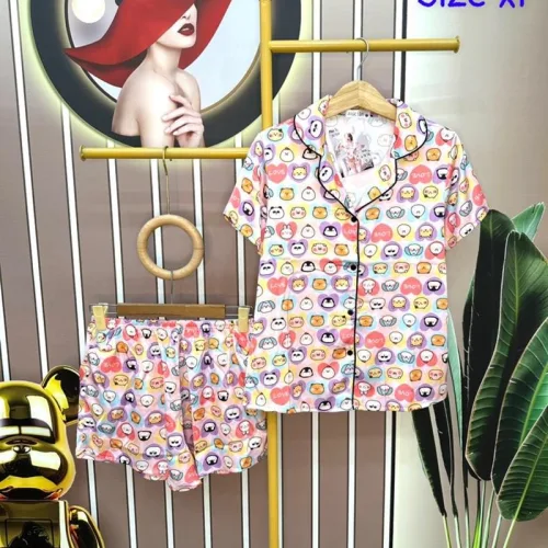 Đồ bộ quần đùi áo tay ngắn cổ bẻ hoạ tiết form rộng