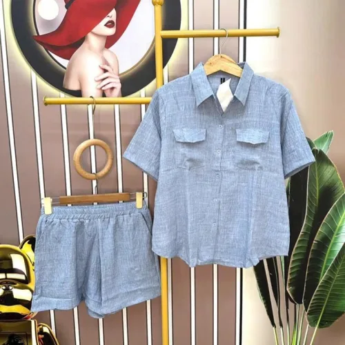 Đồ bộ quần đùi áo tay ngắn cổ bẻ phối túi