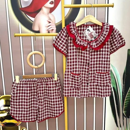 Đồ bộ quần đùi áo tay ngắn cổ lá sen caro