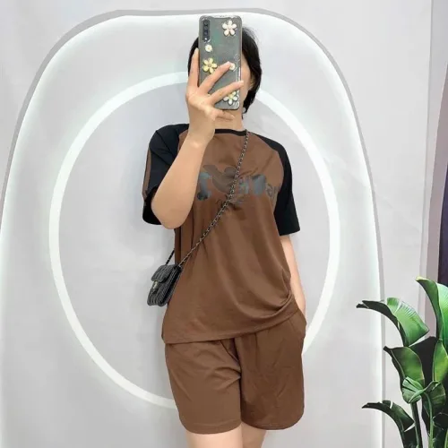 Đồ bộ quần đùi áo tay ngắn cổ tròn 2 màu in hình