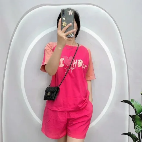 Đồ bộ quần đùi áo tay ngắn cổ tròn 2 màu in hình