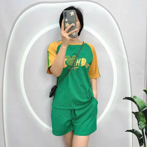 Đồ bộ quần đùi áo tay ngắn cổ tròn 2 màu in hình
