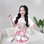 Đồ bộ quần đùi áo tay ngắn cổ tròn hoạ tiết