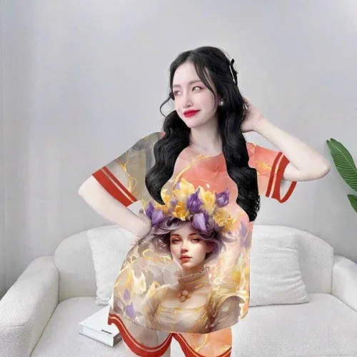 Đồ bộ quần đùi áo tay ngắn cổ tròn hoạ tiết