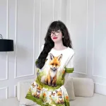 Đồ bộ quần đùi áo tay ngắn cổ tròn hoạ tiết