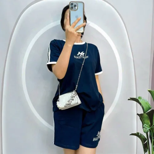 Đồ bộ quần đùi áo tay ngắn cổ tròn in chữ
