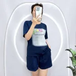 Đồ bộ quần đùi áo tay ngắn cổ tròn in chữ