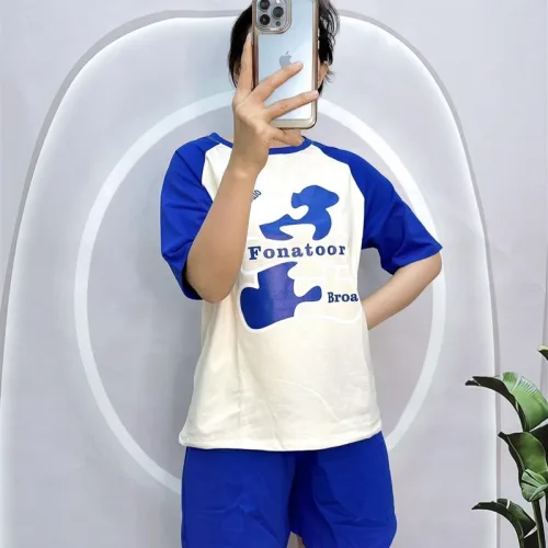 Đồ bộ quần đùi áo tay ngắn cổ tròn in chữ