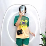 Đồ bộ quần đùi áo tay ngắn cổ tròn in chữ