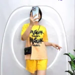 Đồ bộ quần đùi áo tay ngắn cổ tròn in chữ