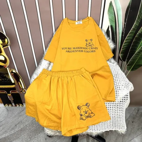 Đồ bộ quần đùi áo tay ngắn cổ tròn in chữ