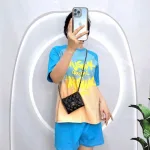 Đồ bộ quần đùi áo tay ngắn cổ tròn in chữ 2 màu