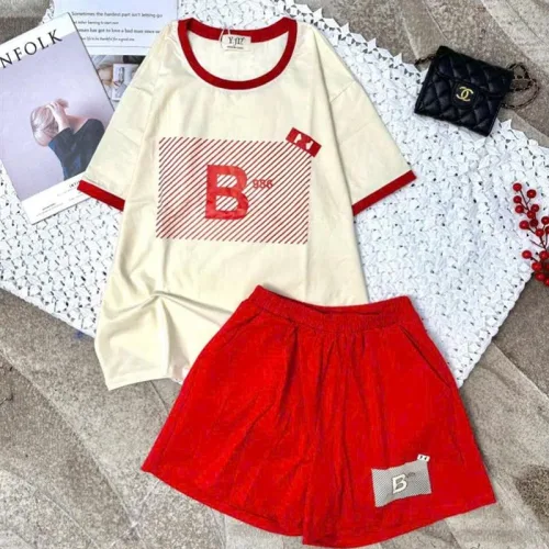 Đồ bộ quần đùi áo tay ngắn cổ tròn in chữ B