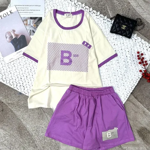 Đồ bộ quần đùi áo tay ngắn cổ tròn in chữ B