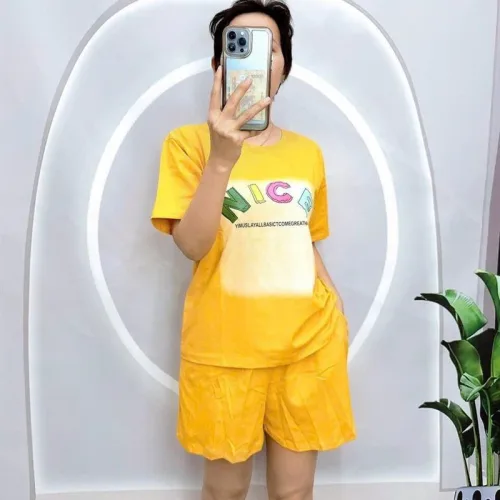 Đồ bộ quần đùi áo tay ngắn cổ tròn in chữ nice