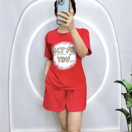 Đồ bộ quần đùi áo tay ngắn cổ tròn in hình