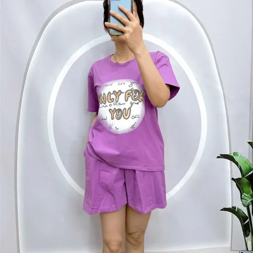 Đồ bộ quần đùi áo tay ngắn cổ tròn in hình
