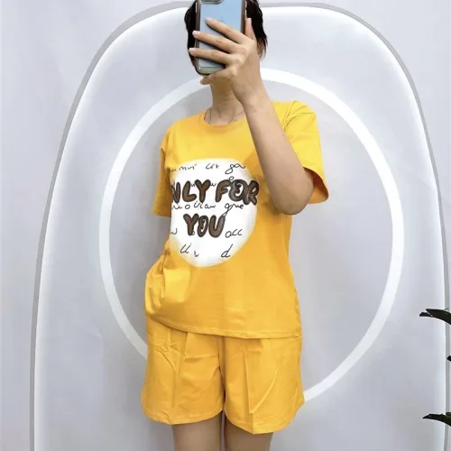 Đồ bộ quần đùi áo tay ngắn cổ tròn in hình