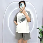 Đồ bộ quần đùi áo tay ngắn cổ tròn in hình