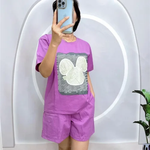 Đồ bộ quần đùi áo tay ngắn cổ tròn in hình