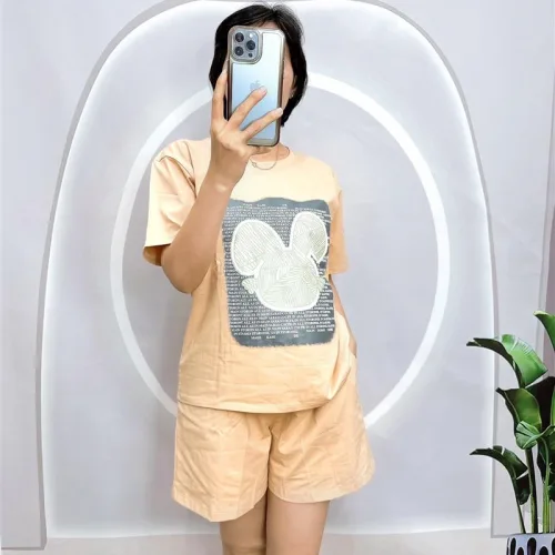 Đồ bộ quần đùi áo tay ngắn cổ tròn in hình