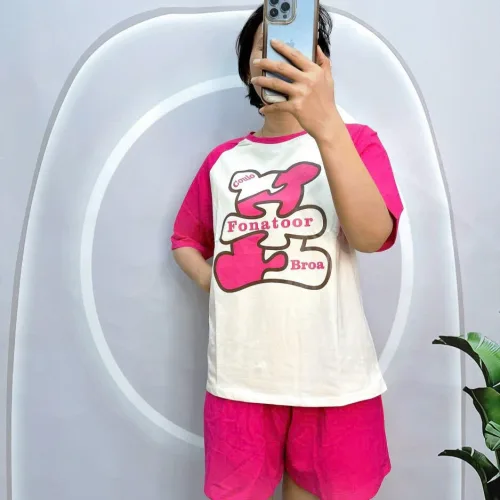 Đồ bộ quần đùi áo tay ngắn cổ tròn in hình