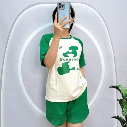 Đồ bộ quần đùi áo tay ngắn cổ tròn in hình