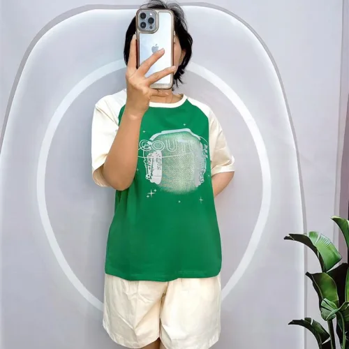 Đồ bộ quần đùi áo tay ngắn cổ tròn in hình