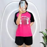 Đồ bộ quần đùi áo tay ngắn cổ tròn in hình