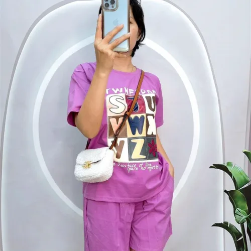 Đồ bộ quần đùi áo tay ngắn cổ tròn in hình