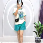 Đồ bộ quần đùi áo tay ngắn cổ tròn in hình
