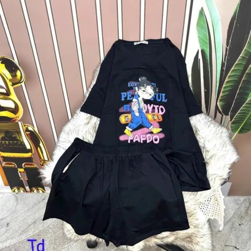Đồ bộ quần đùi áo tay ngắn cổ tròn in hình