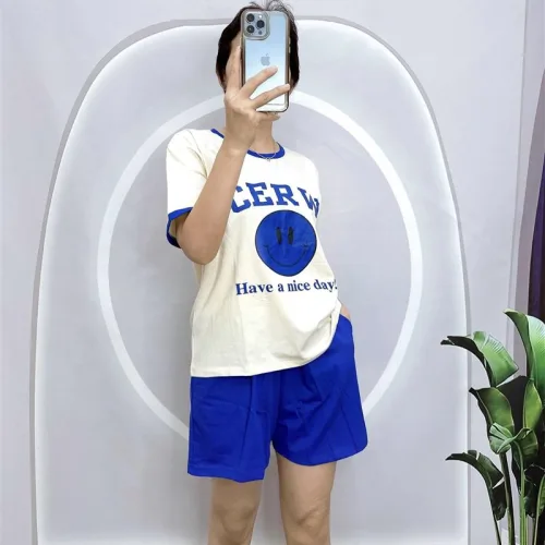 Đồ bộ quần đùi áo tay ngắn cổ tròn in hình mặt cười