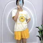 Đồ bộ quần đùi áo tay ngắn cổ tròn in hình mặt cười