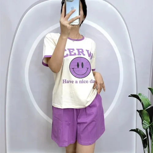 Đồ bộ quần đùi áo tay ngắn cổ tròn in hình mặt cười